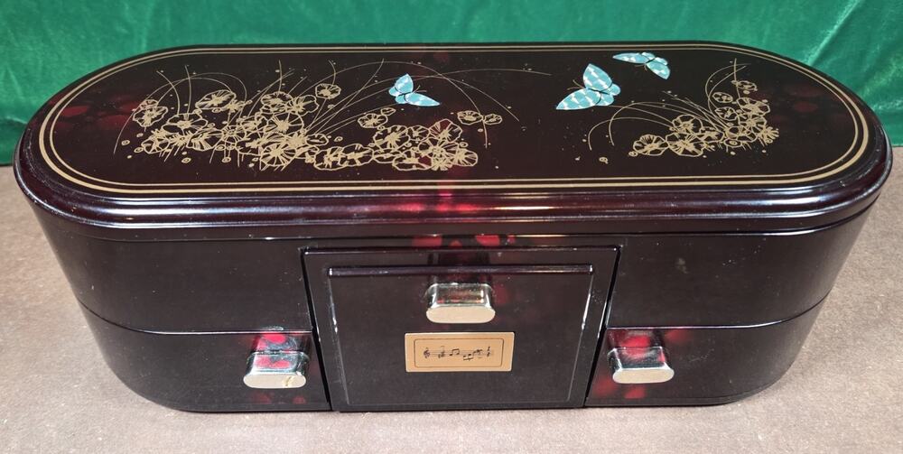 Vintage Faux Tortoise Shell Musical Jewelry Box Butterflies Mid Century retro